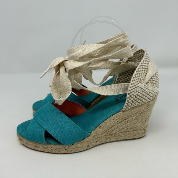 Pinaz Made in Spain Turquoise Blue & White Lace Up Espadrille Wedges Size 38 - Picture 6 of 15
